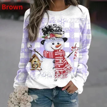 2024 Женская осенне-зимняя Рождественская футболка с длинным рукавом и круглым вырезом, пуловер с рождественским принтом в виде снеговика, S-6XL