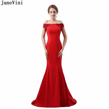 JaneVini Изящные Красные Длинные платья подружек невесты без рукавов с вырезом лодочкой и цветами ручной работы, вечерние платья для выпускного вечера с атласным шлейфом