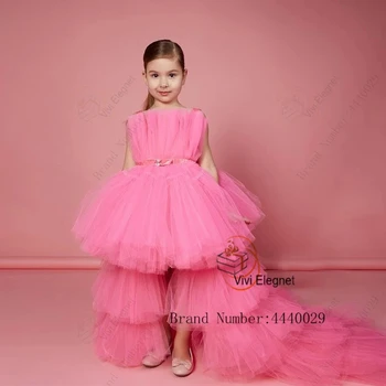 Многоуровневые розовые платья с цветочным узором для девочек, женские платья для свадебной вечеринки со шлейфом, летние платья 2024 года с поясом на молнии сзади.
