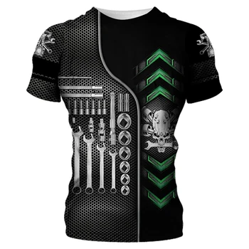 Новая мужская футболка Mechanical Tool Skull 3d, Ретро футболка с коротким рукавом, мужская одежда, Летняя дышащая винтажная уличная одежда Oneck