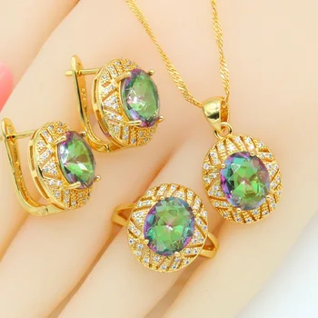 Радужно-синие камни, наборы ювелирных изделий золотого цвета для женщин, серьги-кольца, ожерелье, кольца-подвески, подарочная коробка